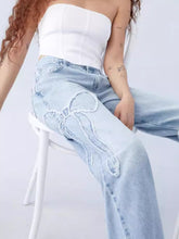 Embroidered Raw-Edge Butterfly Loose Straight-Leg Pants